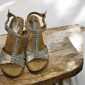 Michelle D Wedge Sandals Rhinestone Embellished Ankle Strap Silver‎ 7.5